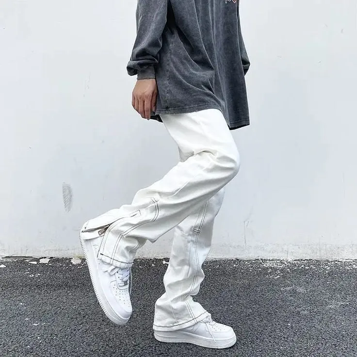 2024 Y2K Streetwear Ankle Zipper High Street Straight Fit Baggy Fashion White Denim Jeans