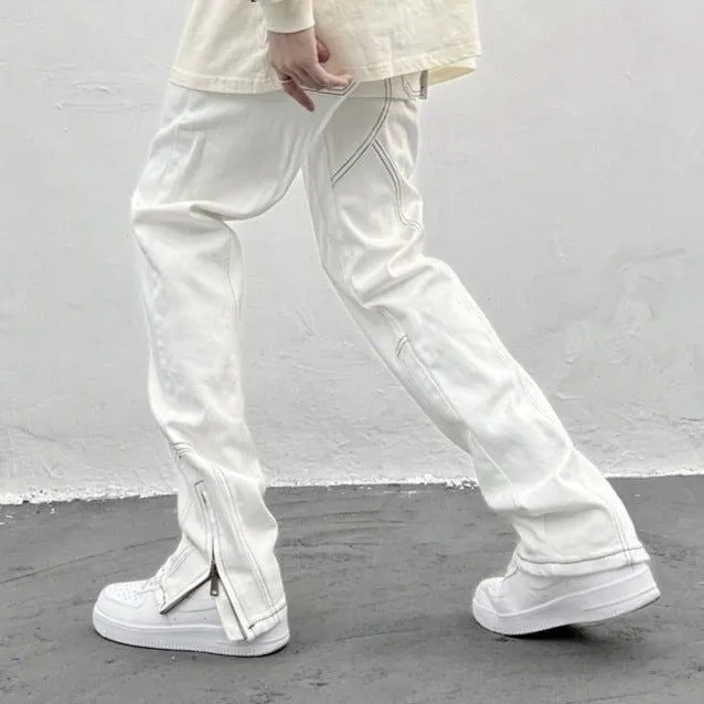 2024 Y2K Streetwear Ankle Zipper High Street Straight Fit Baggy Fashion White Denim Jeans