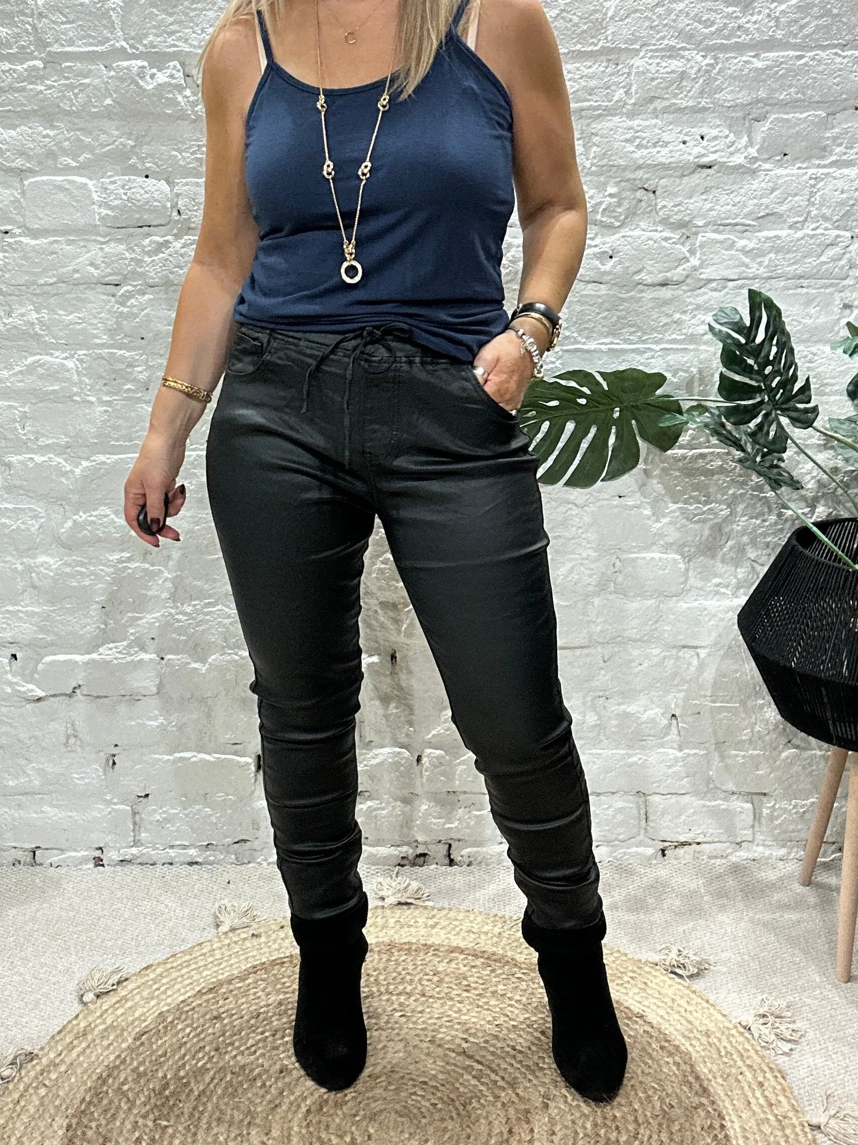 Boy Friend Elastic waist PU Magic Jeans With Pockets By Miss RJ