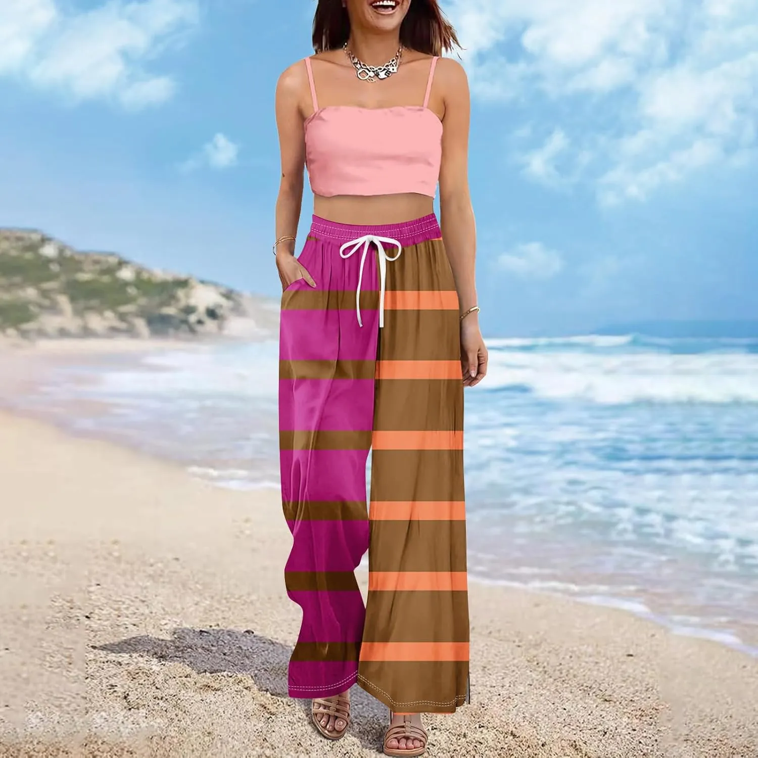 Casual Pants for Women Casual Elastic Waist 2025 Trendy Summer Floral Baggy Palazzo Bottoms