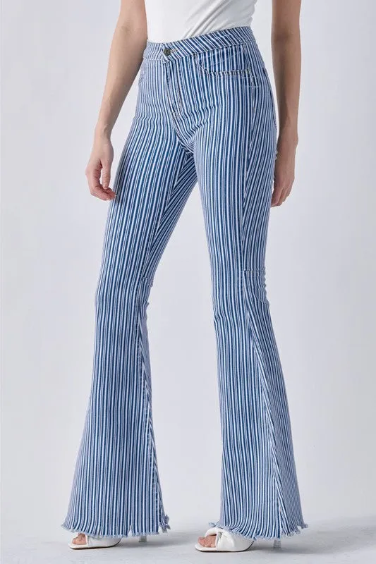 Cello Stripe High Rise Flare Jean with Frayed Hem
