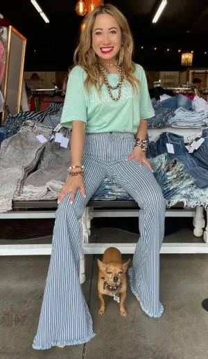 Cello Stripe High Rise Flare Jean with Frayed Hem