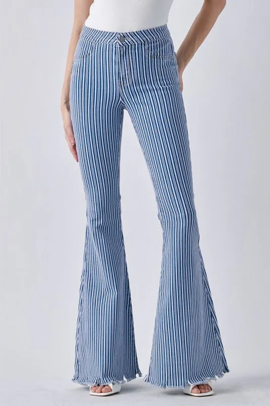 Cello Stripe High Rise Flare Jean with Frayed Hem