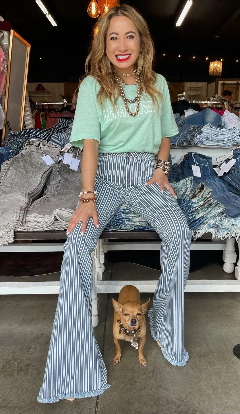 Cello Stripe High Rise Flare Jean with Frayed Hem