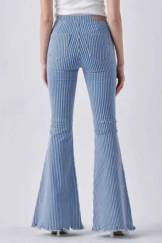 Cello Stripe High Rise Flare Jean with Frayed Hem