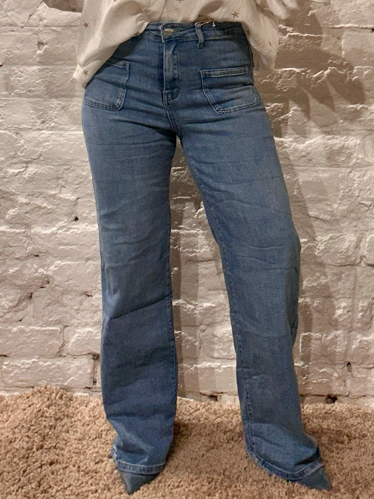 Club Denim 70's Vibe Front Pocket Wide Leg Jeans in Washed Denim