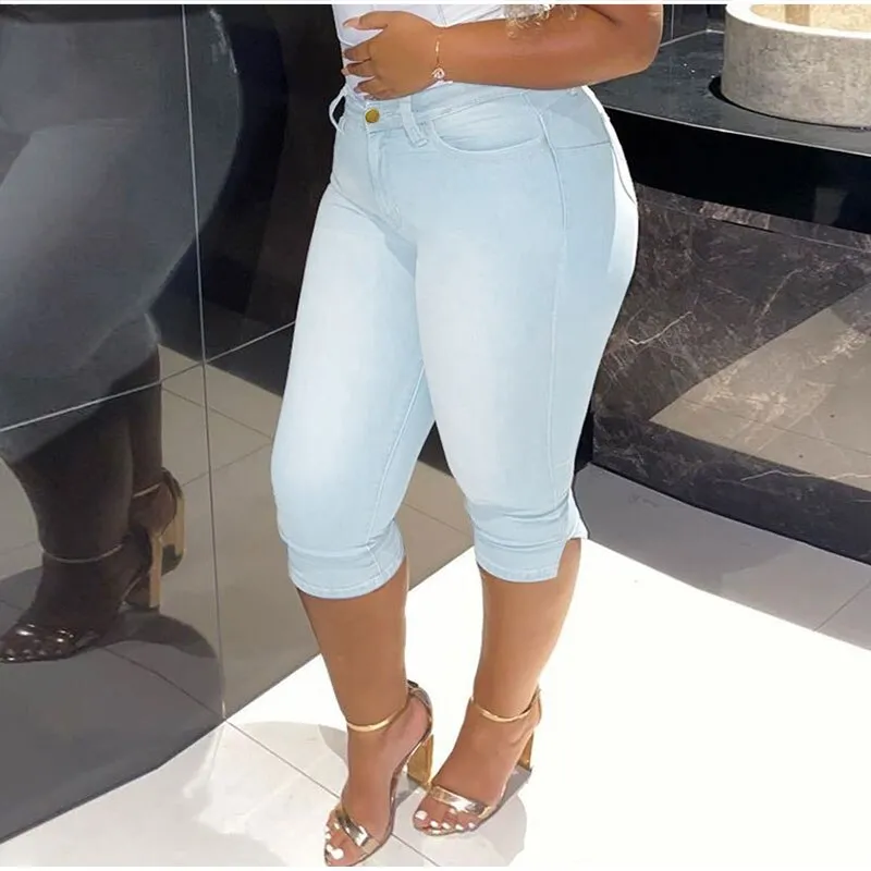 DEANWANGKT  Vintage Mid Blue Stretchy Skinny Knee Length Distressed Mom Jeans Breeches Denim Jeggings Pants 3/4 Short Leggings Capris Jean