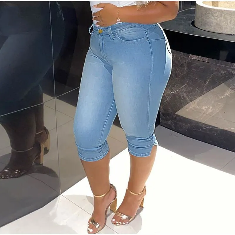 DEANWANGKT  Vintage Mid Blue Stretchy Skinny Knee Length Distressed Mom Jeans Breeches Denim Jeggings Pants 3/4 Short Leggings Capris Jean