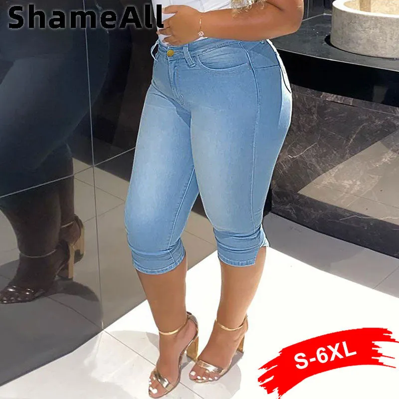 DEANWANGKT  Vintage Mid Blue Stretchy Skinny Knee Length Distressed Mom Jeans Breeches Denim Jeggings Pants 3/4 Short Leggings Capris Jean
