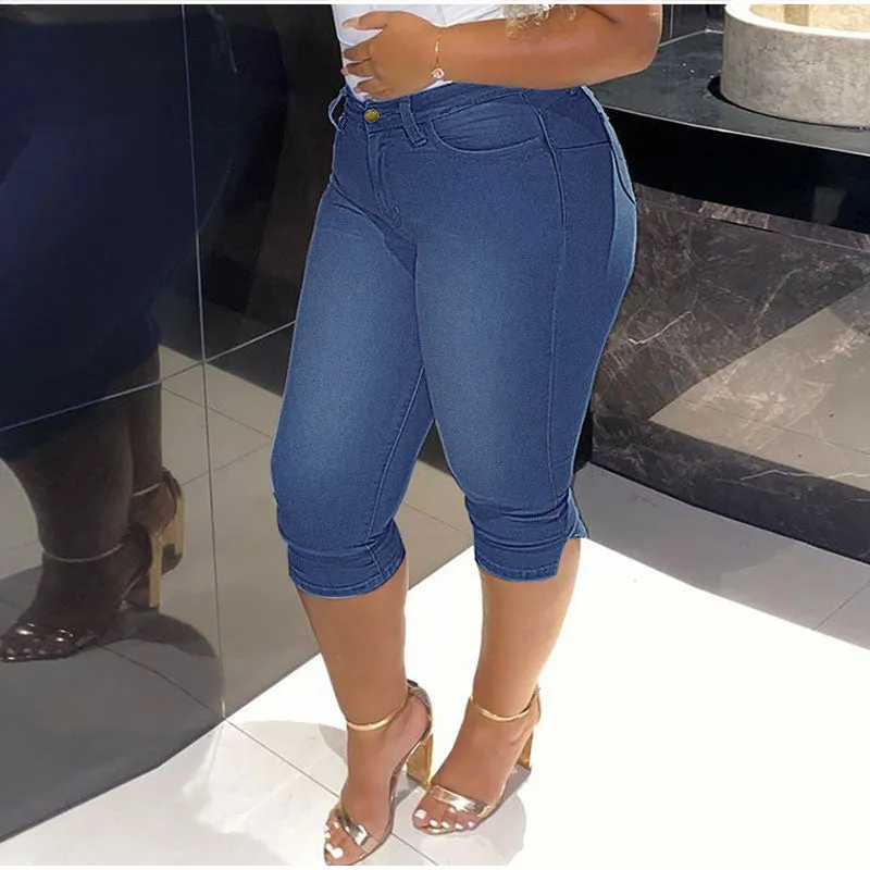 DEANWANGKT  Vintage Mid Blue Stretchy Skinny Knee Length Distressed Mom Jeans Breeches Denim Jeggings Pants 3/4 Short Leggings Capris Jean