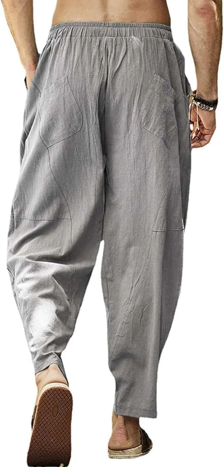 Men's Cotton Linen Casual Hip-Hop Pants Elastic Waist Drawstring Lightweight Pans Loose Fit Summer Beach Yoga Trousers