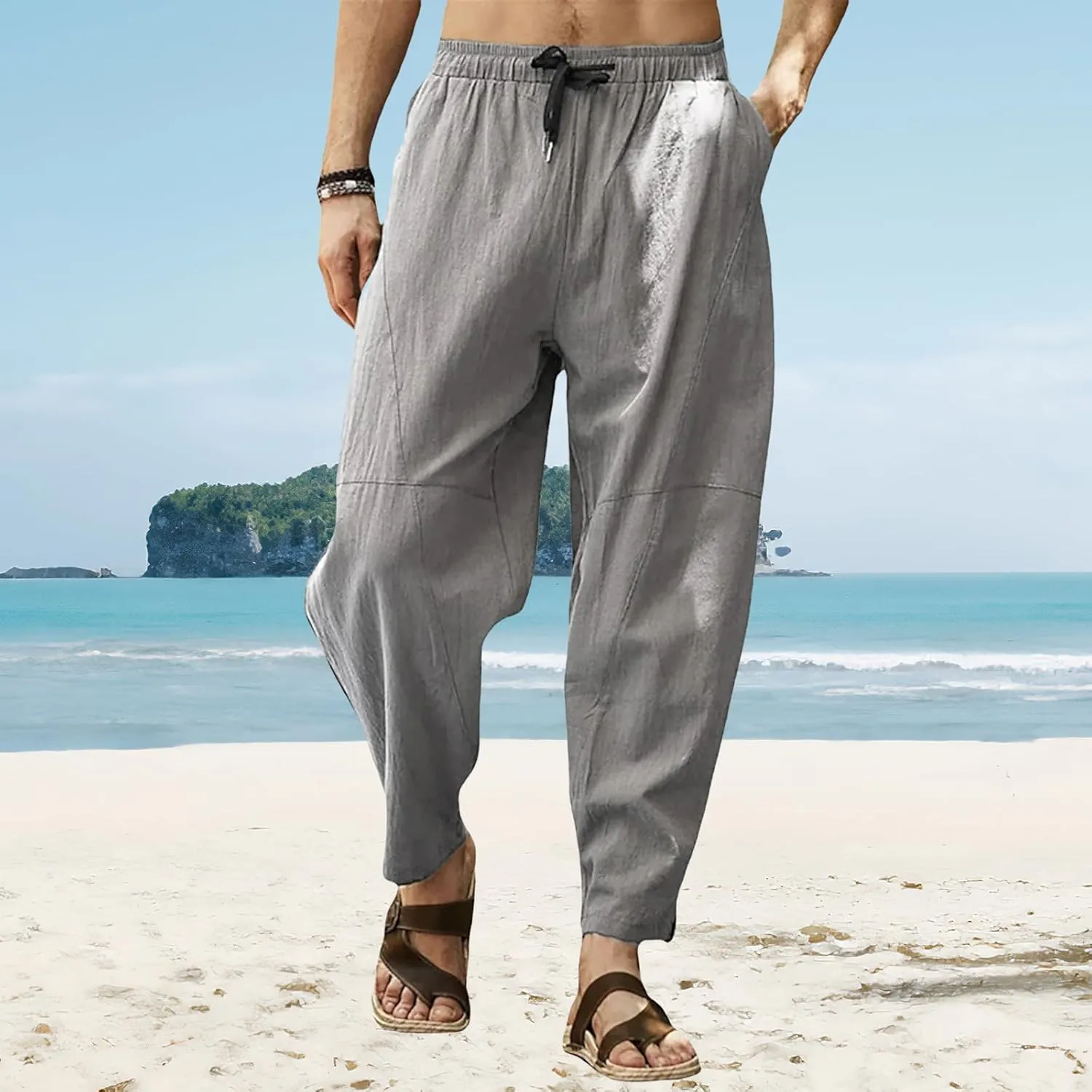 Men's Cotton Linen Casual Hip-Hop Pants Elastic Waist Drawstring Lightweight Pans Loose Fit Summer Beach Yoga Trousers