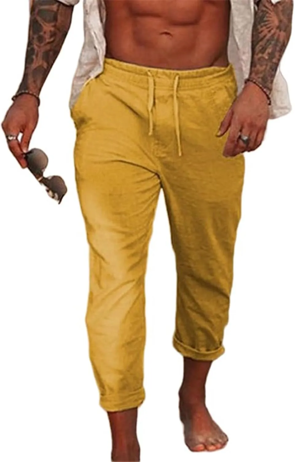 Men's Cotton Linen Pants Lightweight Black Dress Pants Cargo Pants Casual Yoga Trousers with Drawstrings