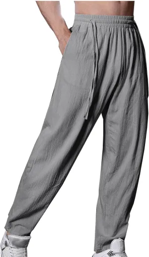 Mens Cotton Linen Straight Pants Fashion Lantern Pant Drawstring Lightweight Going Out Trousers Solid Casual Clothing