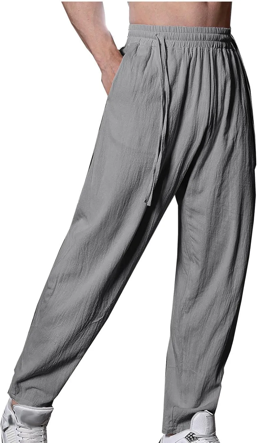 Mens Cotton Linen Straight Pants Fashion Lantern Pant Drawstring Lightweight Going Out Trousers Solid Casual Clothing