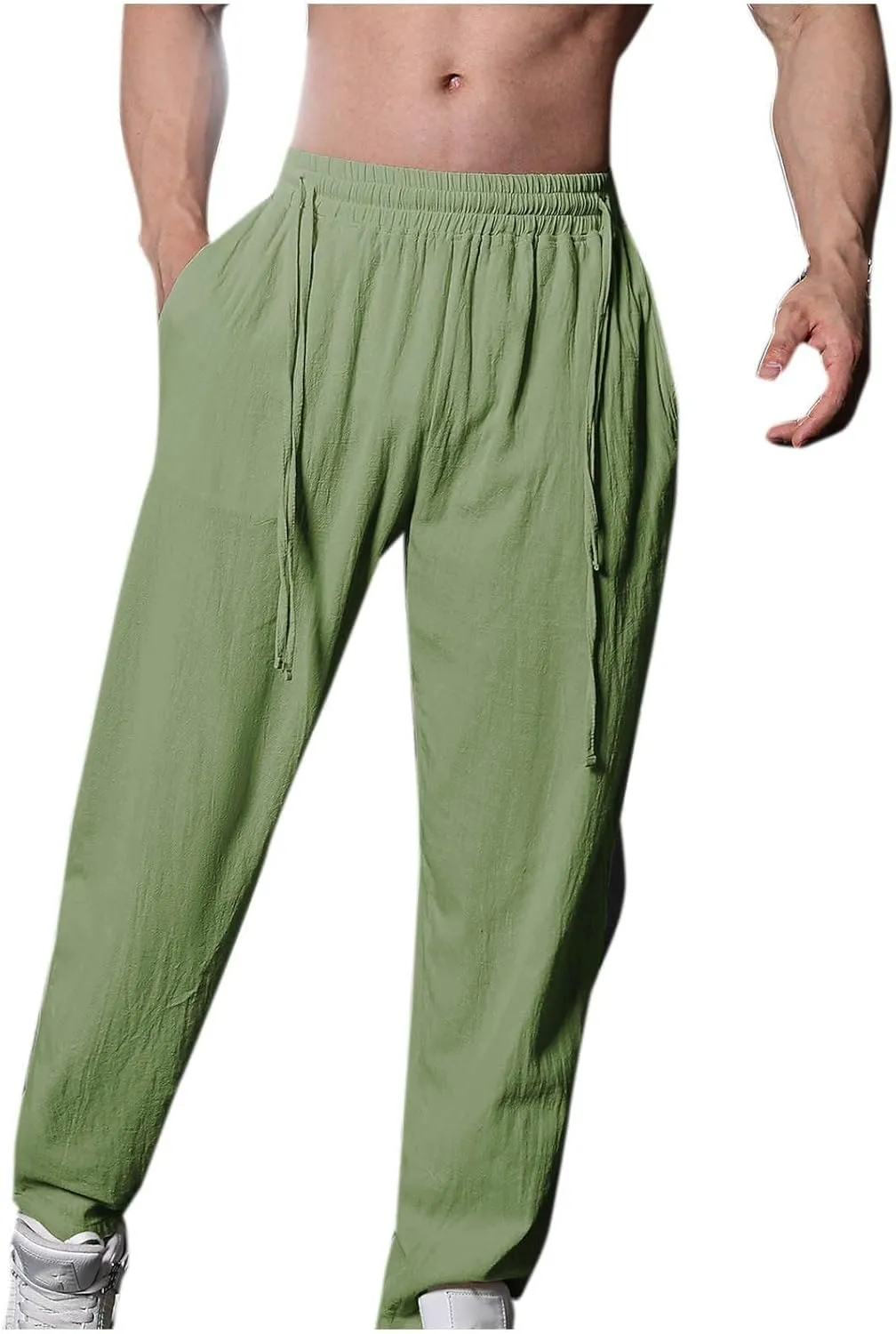 Men's Linen Pants Casual Loose Fit Workout Yoga Pants Drawstring Lightweight Baggy Beach Summer Trousers with Pockets