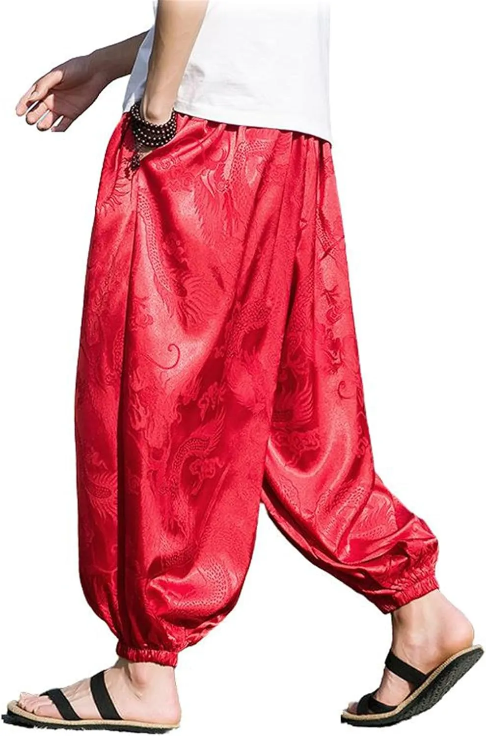 Men's Pants Summer Japanese Hong Kong Style Capri Cropped Harem Wide Leg Elastic Waist Casual Trouser