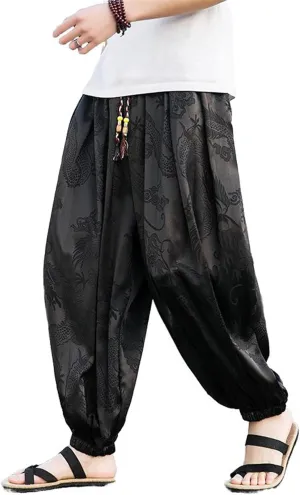Men's Pants Summer Japanese Hong Kong Style Capri Cropped Harem Wide Leg Elastic Waist Casual Trouser