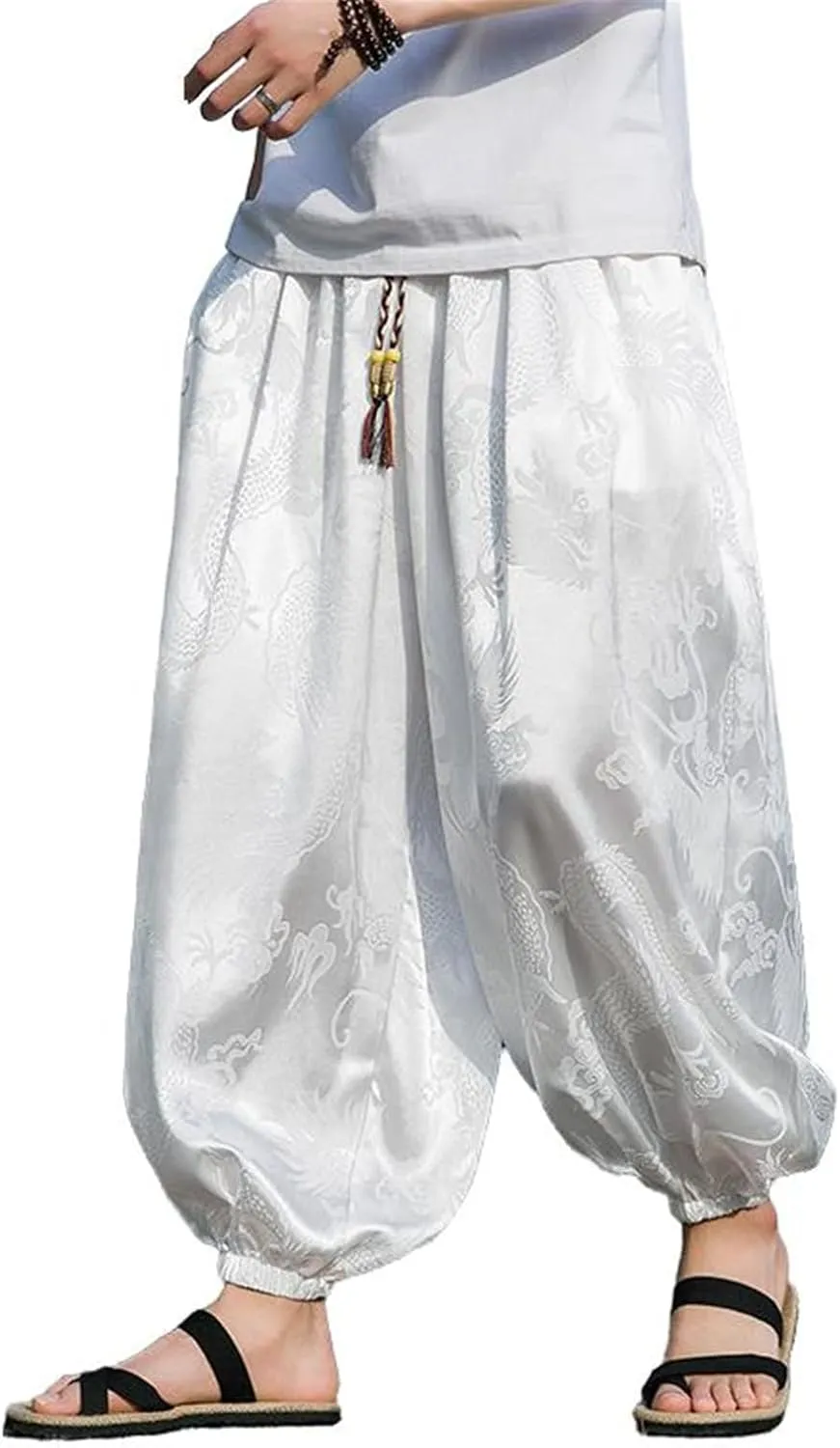 Men's Pants Summer Japanese Hong Kong Style Capri Cropped Harem Wide Leg Elastic Waist Casual Trouser