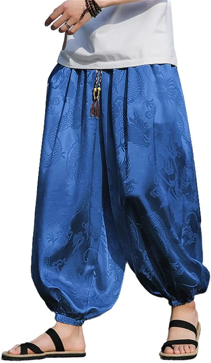 Men's Pants Summer Japanese Hong Kong Style Capri Cropped Harem Wide Leg Elastic Waist Casual Trouser