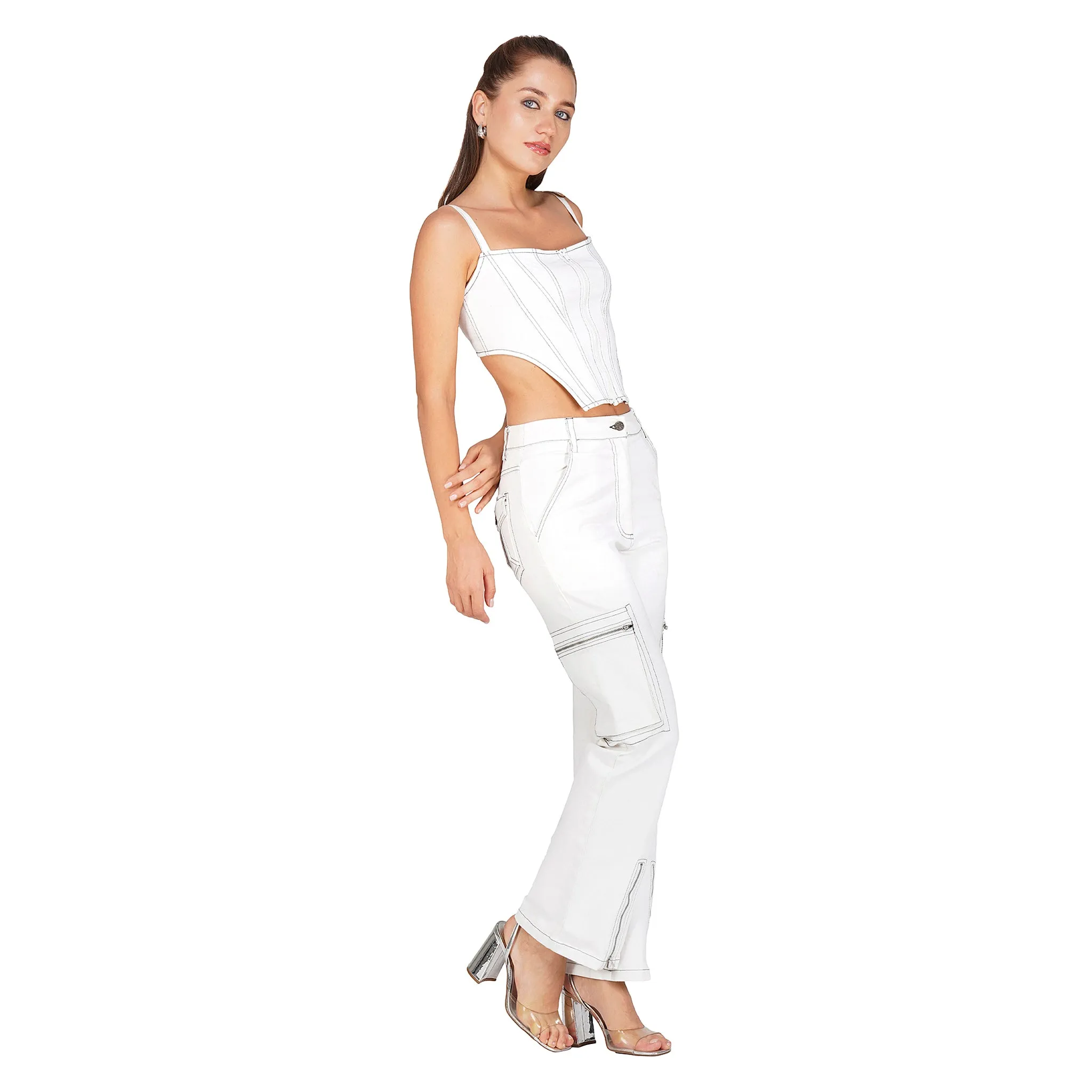 SLAY. Women's White Denim Zip up Corset & Cargo Jeans Co ord Set (Stretch Fabric)