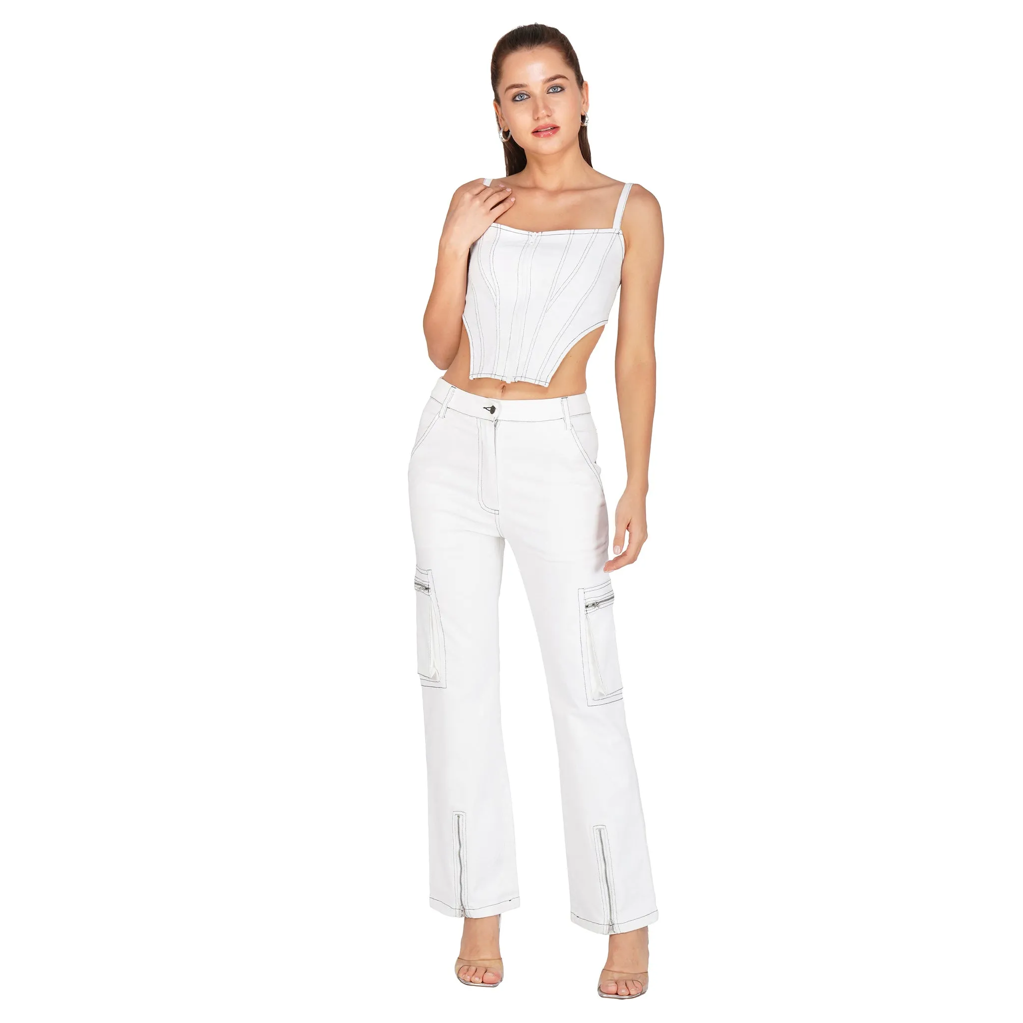 SLAY. Women's White Denim Zip up Corset & Cargo Jeans Co ord Set (Stretch Fabric)