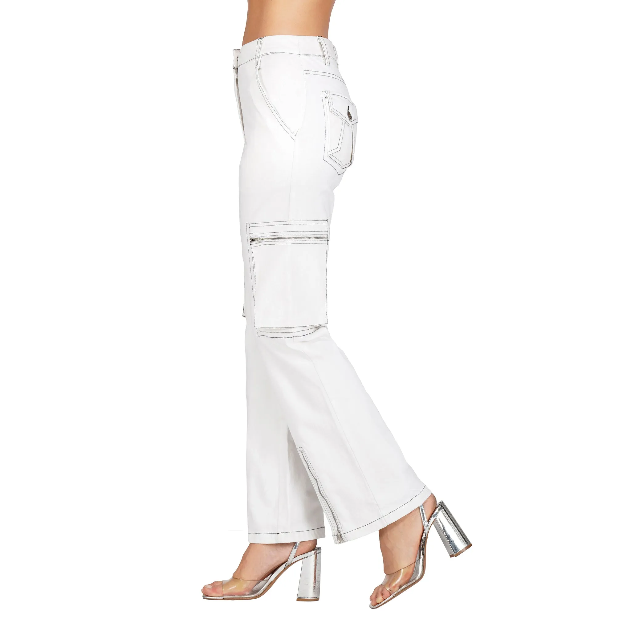 SLAY. Women's White Denim Zip up Corset & Cargo Jeans Co ord Set (Stretch Fabric)