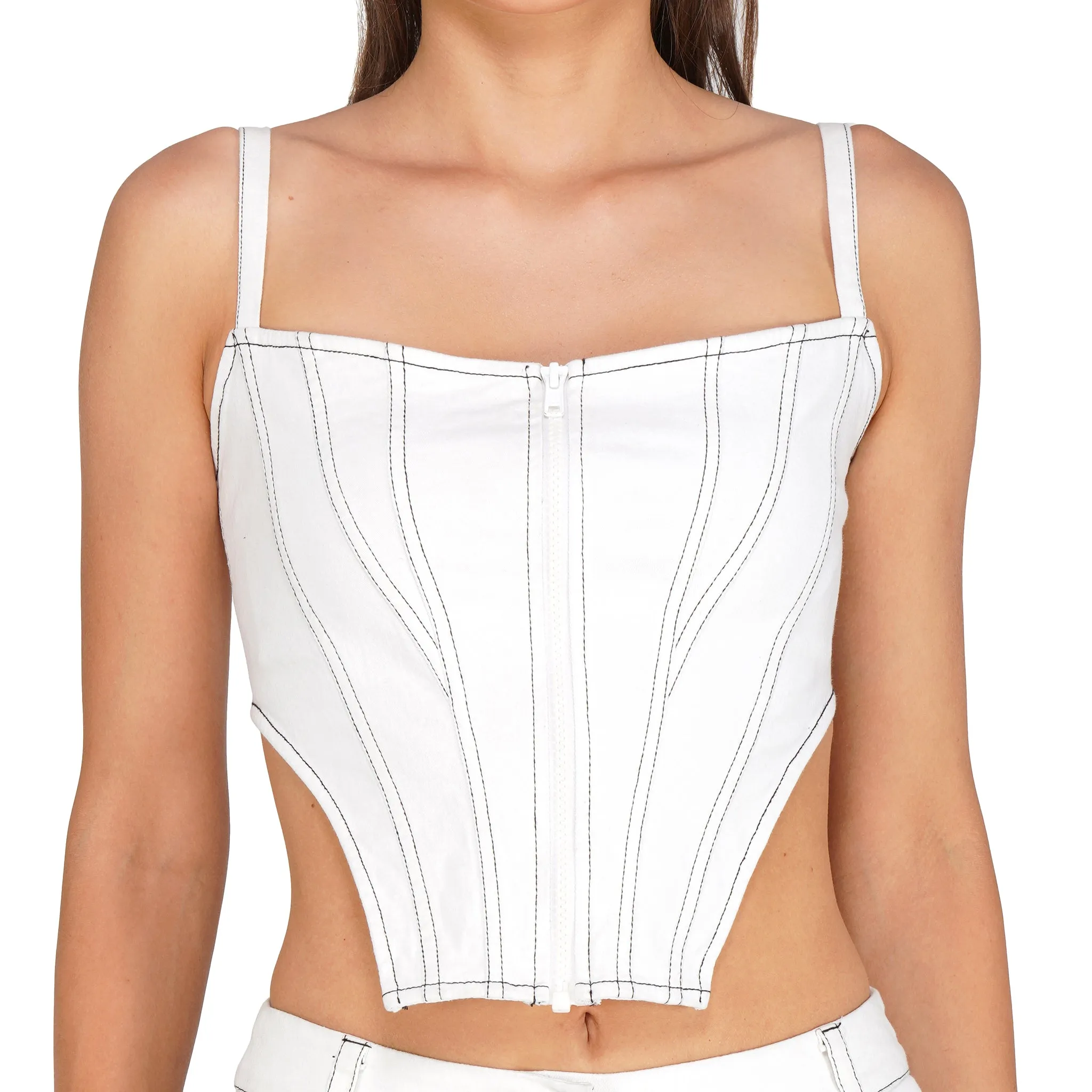SLAY. Women's White Denim Zip up Corset & Cargo Jeans Co ord Set (Stretch Fabric)