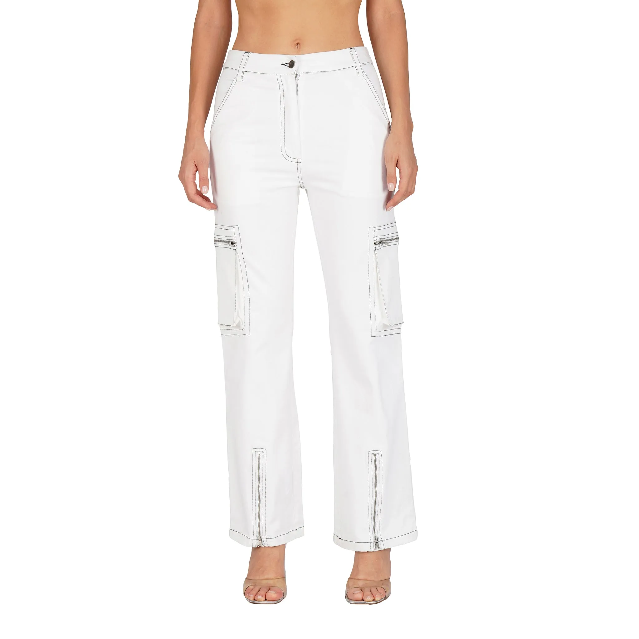 SLAY. Women's White Denim Zip up Corset & Cargo Jeans Co ord Set (Stretch Fabric)