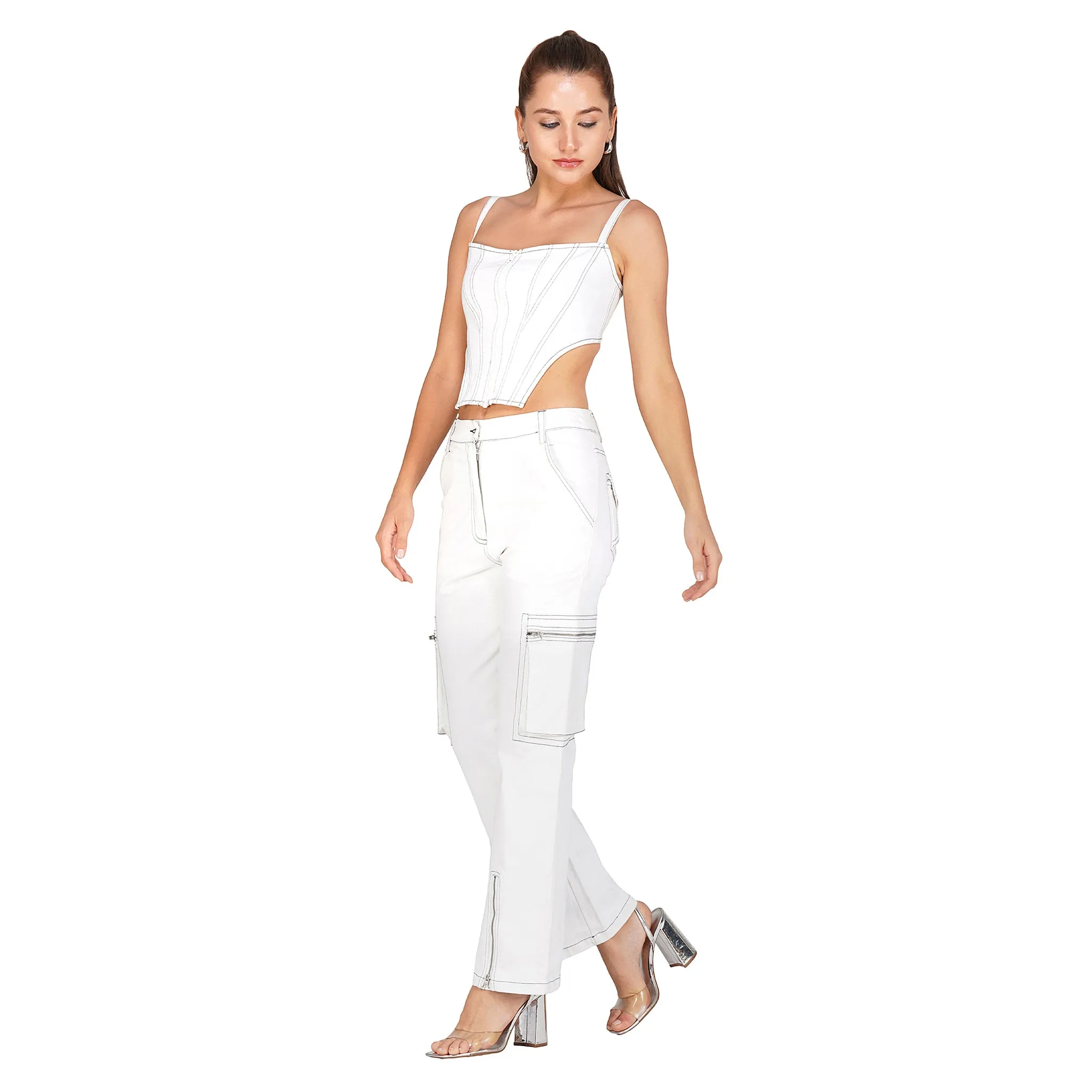 SLAY. Women's White Denim Zip up Corset & Cargo Jeans Co ord Set (Stretch Fabric)