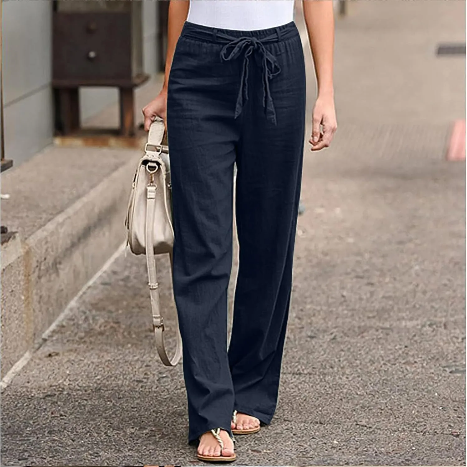 Womens Casual Loose Pants Comfy High Waist Cropped Work Pants with Pockets Elastic High Waist Paper Bag Pants Trousers